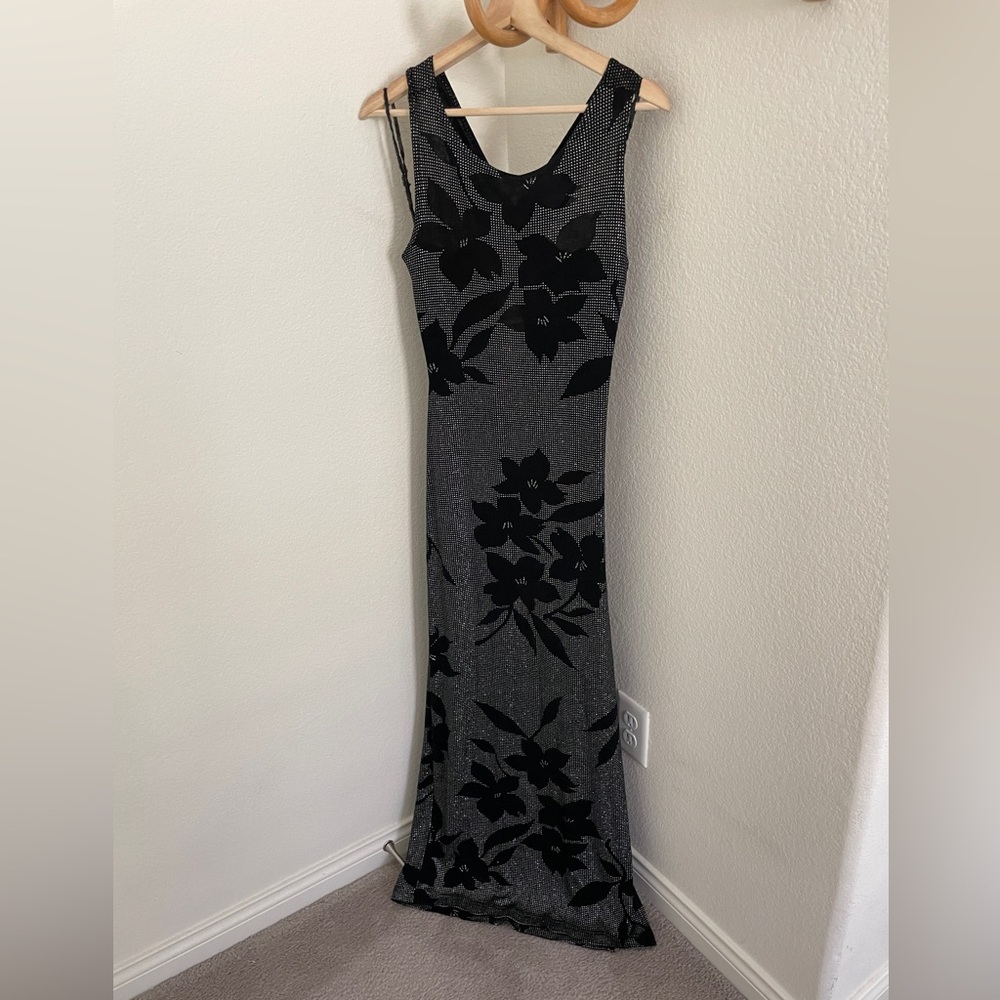 Vintage knapp studio 90s Black Silver shimmer Stretch  Maxi Dress Size M